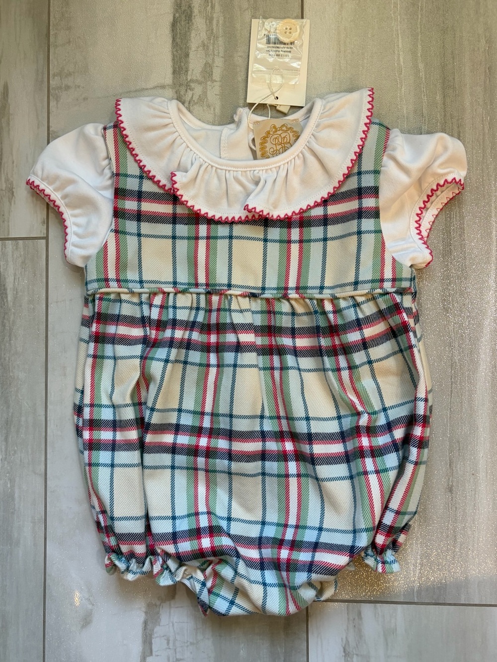 NWT TBBC Classic Plaid Brooksy Bubble Romper & Ruffle Shirt Set Girls 18-24M